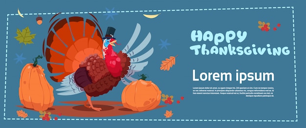 Happy thanksgiving day banner. herfst traditionele oogst met turkije