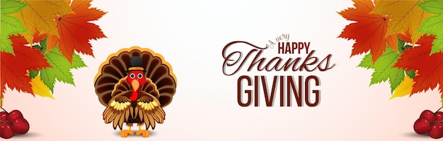 Happy thanksgiving day banner met vector kalkoen vogel en herfstbladeren