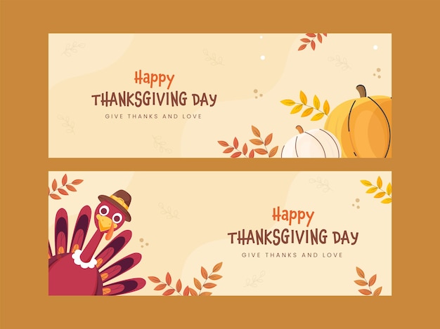 Happy thanksgiving day banner of header design met turkije vogel, pompoenen en bladeren in twee opties.