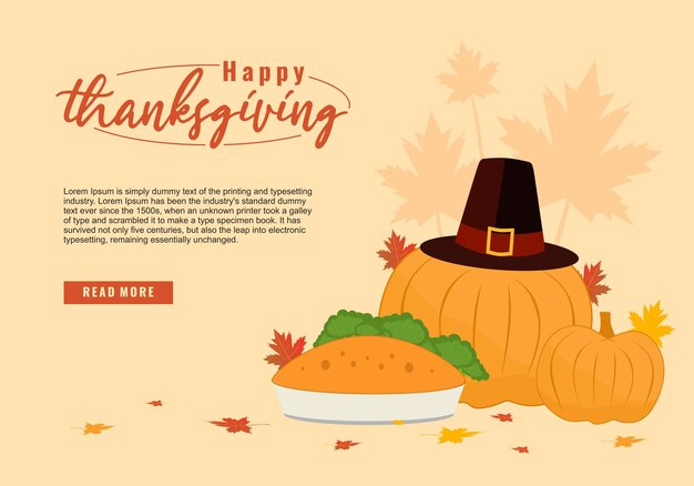 Happy thanksgiving day banner thanksgiving celebration with
pumpkins pie and autumn leaves horizontal holiday poster header for
website vector illustration