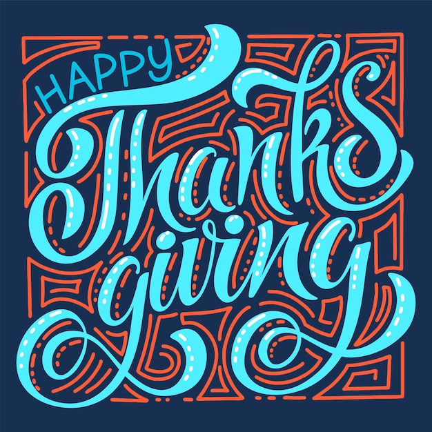 Happy Thanksgiving day. Banner with handwritten lettering and hand-drawn elements. Autumn background. Vector illustration. A poster for the celebration of the holiday.