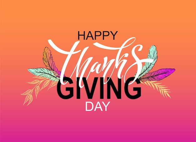 Happy Thanksgiving day. Banner with handwritten lettering and hand-drawn elements. Autumn background. Vector illustration. A poster for the celebration of the holiday.