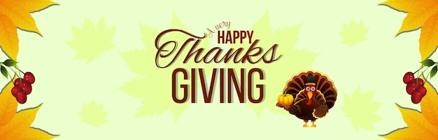 Happy thanksgiving day banner with vector turkey bird and autumn leafs