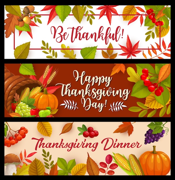 Vector happy thanksgiving day banners, hoorn des overvloeds met herfst oogst pompoen, maïs en druiven met champignons en vallende bladeren esdoorn, eik of populier en berk met lijsterbes. bedankt groeten