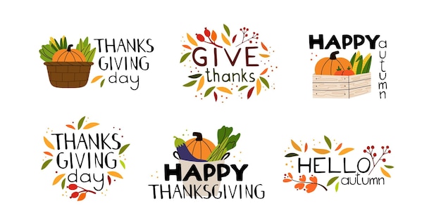 Happy Thanksgiving Day Belettering en illustratie Oogstpompoen met tekst handgeschreven zinnen met seizoensgebonden ontwerp geïsoleerde platte cartoon elementen briefkaart poster en labels Vector doodle set