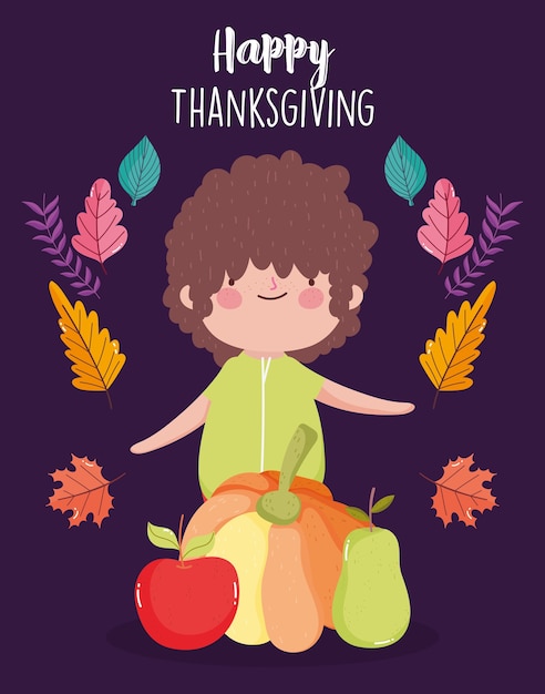 カボチャのリンゴと梨の小さな男の子と幸せな感謝祭の日カード