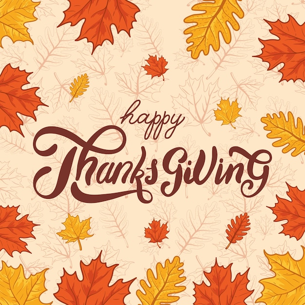 Happy thanksgiving day celebration lettering with leafs autumn pattern