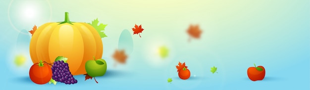 Vector happy thanksgiving day concept with pumpkin, grapes, tomoto and green apple on autumn leaves background.