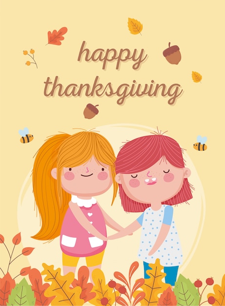 Happy thanksgiving day cute little girls acorn bees leaves fall