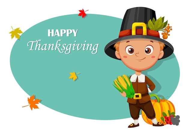 Vector happy thanksgiving day cute little pilgrim boy