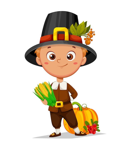 Happy thanksgiving day cute pilgrim boy standing with corn pumpkin and cranberry