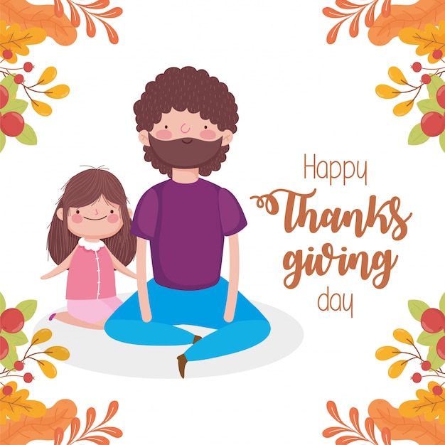 Happy thanksgiving day dad and daughter sitting foliage decoration