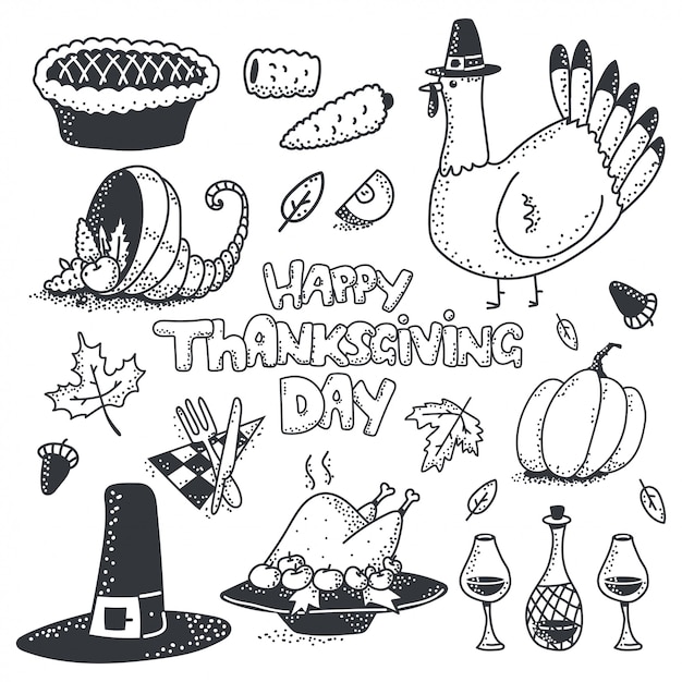 Vector happy thanksgiving day doodle sketch element vector set isolated.