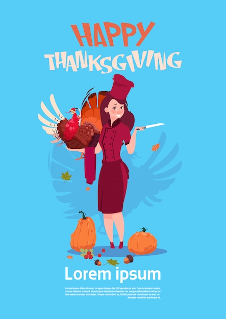 Cartolina d'auguri di autumn traditional menu concept del cuoco unico femminile cook holding turkey del cuoco unico felice di giorno di ringraziamento