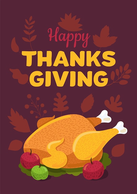 Happy thanksgiving day flat vector greeting card template. holiday turkey illustration