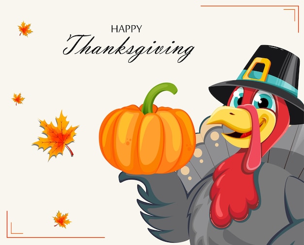 Vector happy thanksgiving day funny cartoon character turkey bird in pilgrim hat holding pumpkin