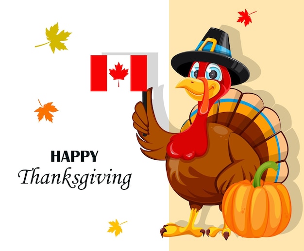 Happy Thanksgiving day Grappige cartoon karakter Turkije vogel Turkije vogel met Canadese vlag