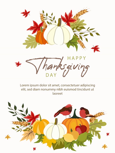 Happy Thanksgiving day greeting card template with vegetables and colorful leaves. 