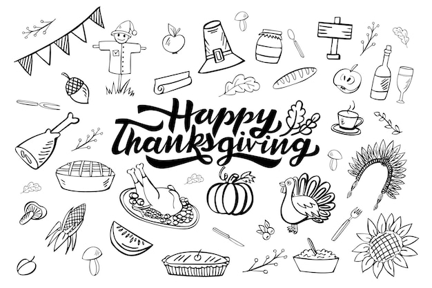 幸せな感謝祭の36要素の手描き落書きセット