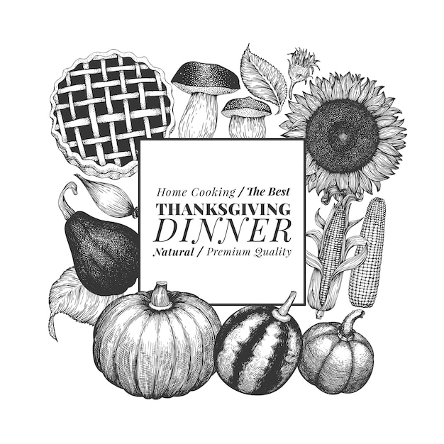 Happy thanksgiving day. hand drawn illustrations. greeting thanksgiving design template in retro style. autumn background.