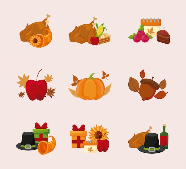 Happy thanksgiving day icon set vector design