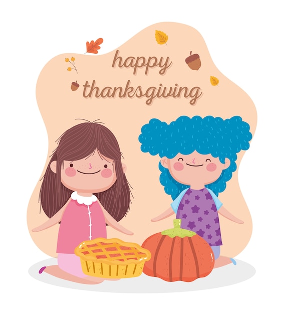 Happy thanksgiving day-kaart met schattige kleine meisjes met taart en pompoen