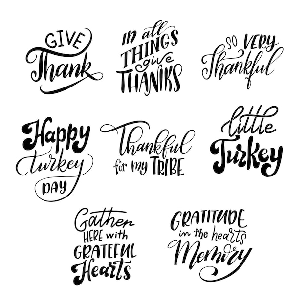 Vector happy thanksgiving day lettering for holiday design collection set of calligraphic quotes for cards banners posters vector illustration