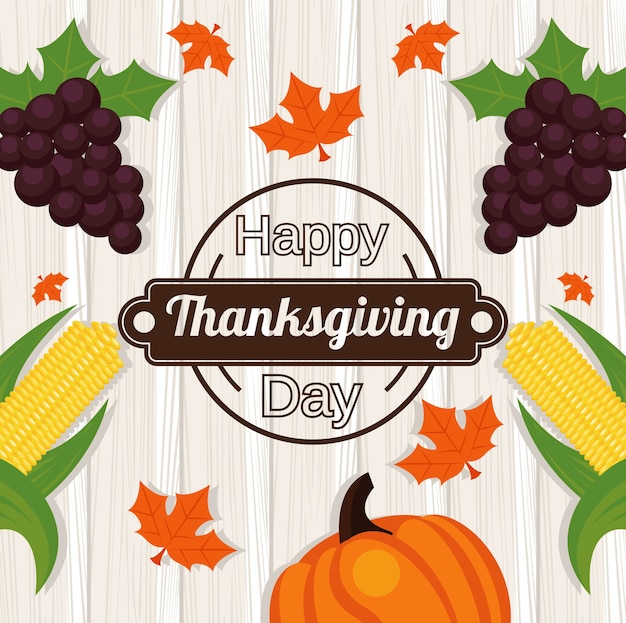 Vector happy thanksgiving day met druiven en groenten op houten achtergrond.