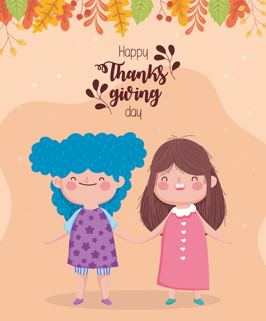 Vector happy thanksgiving day schattige kleine meisjes hand in hand bladeren