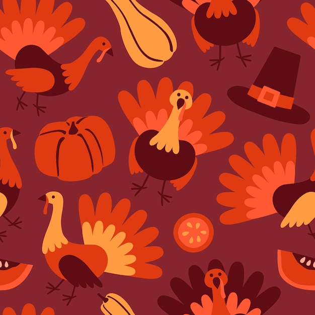 Happy Thanksgiving Day seamless pattern with pumpkin turkey and hat