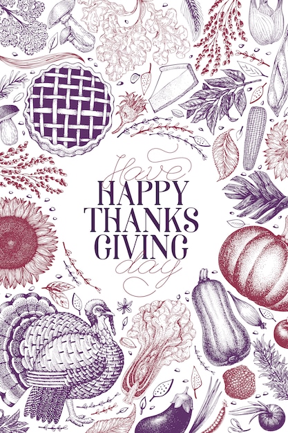 Happy thanksgiving day  template.  hand drawn illustrations.