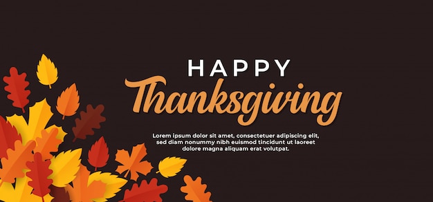 Happy thanksgiving day text minimal banner with dry fall leaves