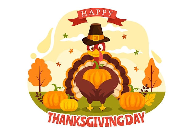 Vector happy thanksgiving day vector illustration with turkey bird pumpkin leaves and many others element