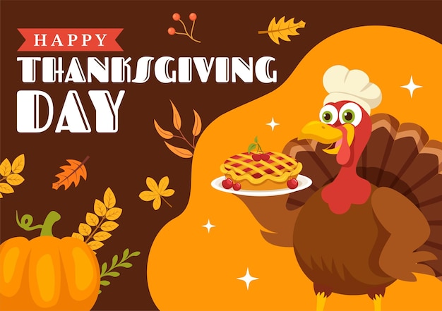 Happy Thanksgiving Day Vector Illustration with Turkey Bird Pumpkin Leaves and Many Others Element