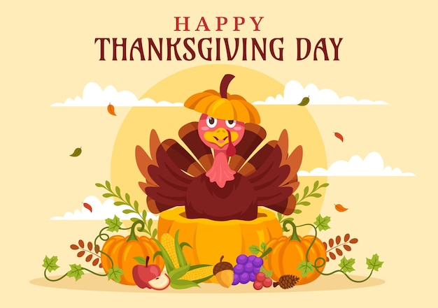 Happy Thanksgiving Day Vector Illustration with Turkey Bird Pumpkin Leaves and Many Others Element