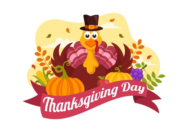 Happy Thanksgiving Day Vector Illustration with Turkey Bird Pumpkin Leaves and Many Others Element