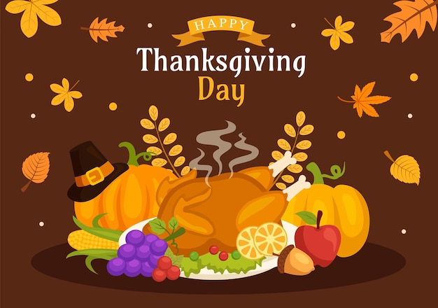 Happy Thanksgiving Day Vector Illustration with Turkey Bird Pumpkin Leaves and Many Others Element