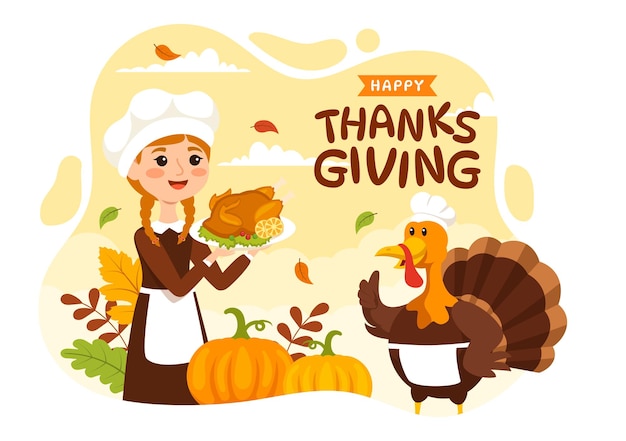 Happy Thanksgiving Day Vector Illustration with Turkey Bird Pumpkin Leaves and Many Others Element