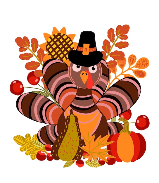 Happy Thanksgiving Day-wenskaart Platte vectorillustratie met herfstbladeren bessen takken fruit zonnebloemen hoorn des overvloeds kalkoen en pompoenen