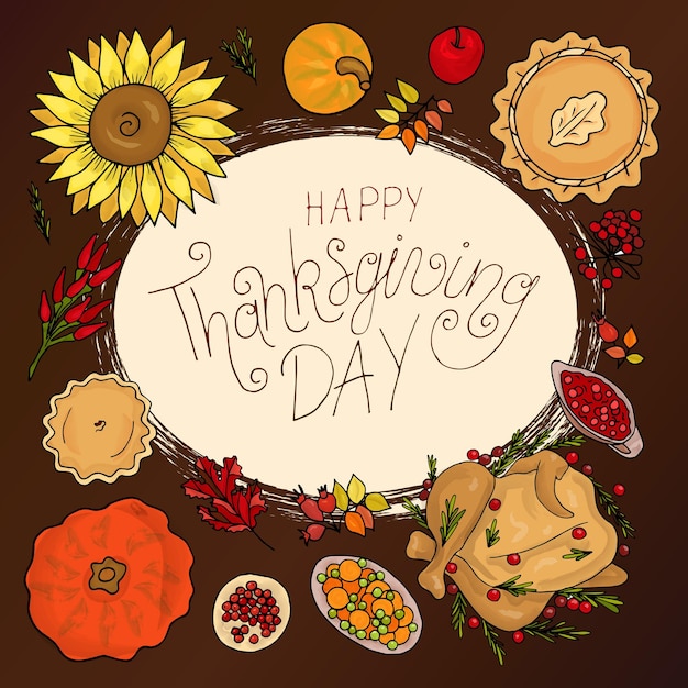 Happy thanksgiving day with autumn leaves turkey apple jam jar pie sunflower pumpkin