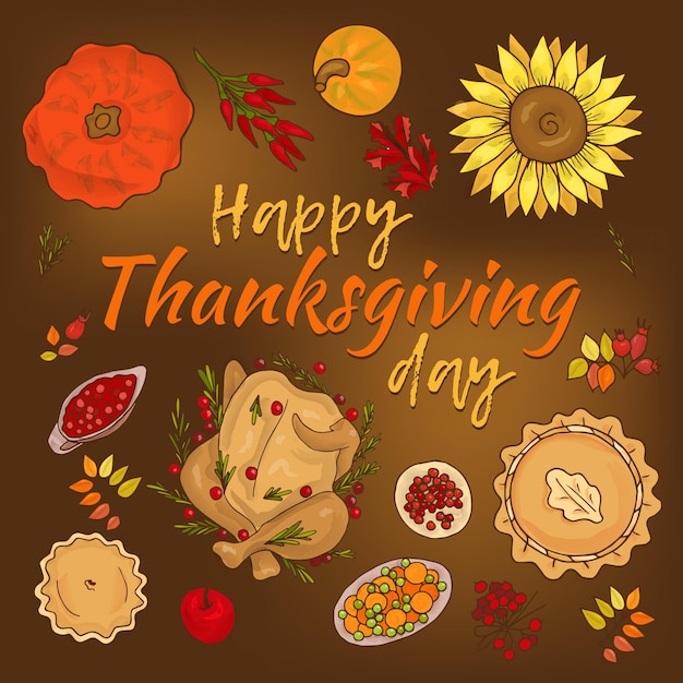 Happy thanksgiving day with autumn leaves Turkey apple jam jar pie sunflower pumpkin