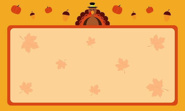 Happy Thanksgiving Day with funny turkey pumkins acorns maple leaves and copy space area