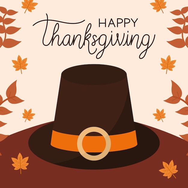 Vector happy thanksgiving day with hat and leaves design, autumn season theme