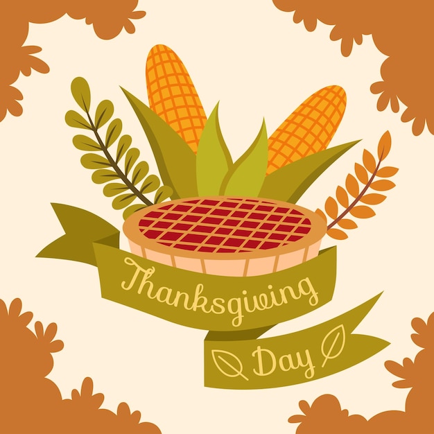 Vector happy thanksgiving day with pie corns and leaves