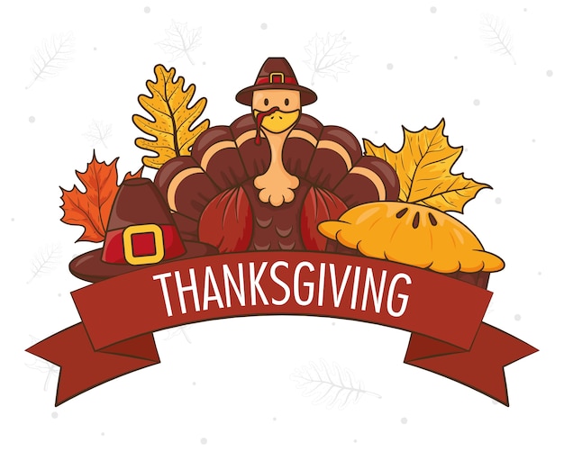 Happy thanksgiving day with turkey wearing pilgrim hat and leafs