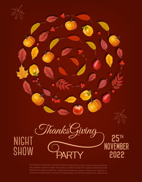 Happy Thanksgiving Flyer with colorful leaves pumpkins and fresh fruit and vegetables Vector