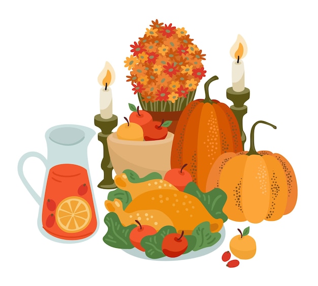 Happy Thanksgiving geïsoleerde illustratie met feestelijke tafel Vector ontwerp voor kaart poster flyer web en andere