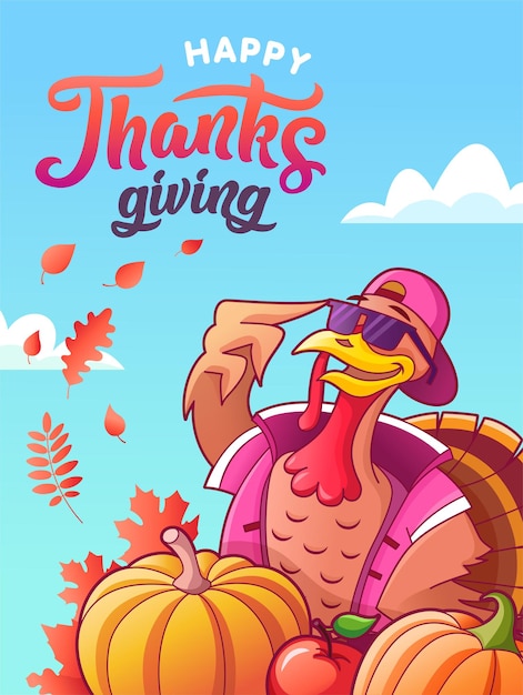 Happy thanksgiving. greeting card. cool turkey in glasses, vegetables, autumn leaves and lettering