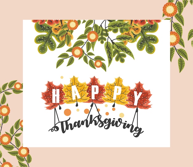 Вектор Поздравительная открытка с днем благодарения с цветами, листьями и словом на кленовом листе