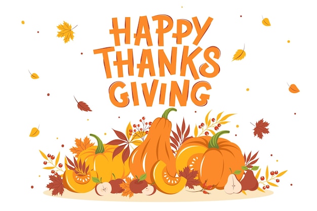 happy thanksgiving greeting card with leaves, pumpkin and fruit.